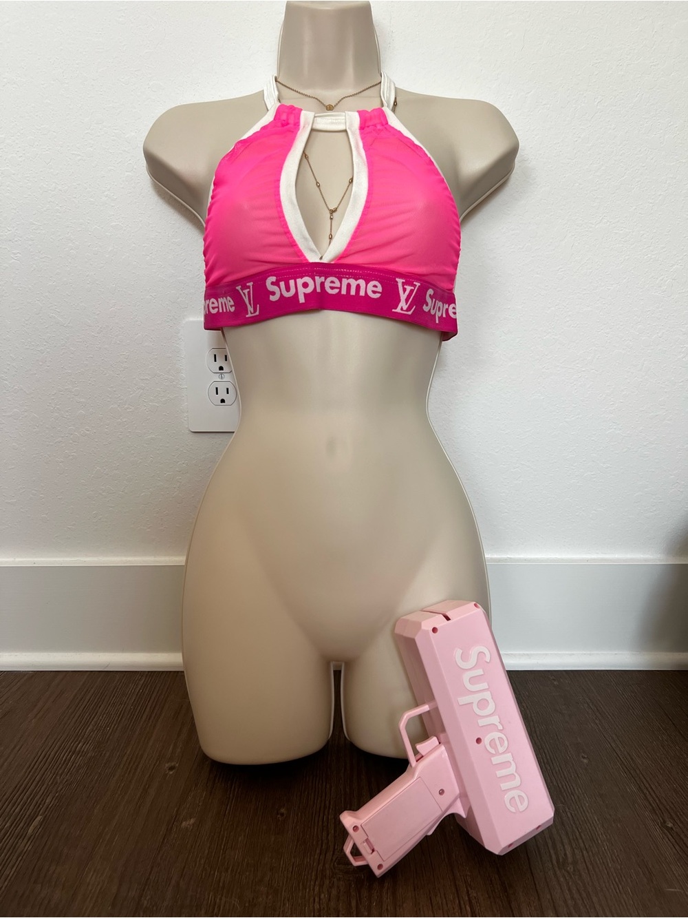 Supreme Pink and White Logo Halter Crop Top